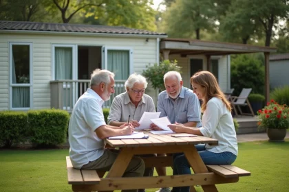Famille multigénérationnelle réunie autour d'une table en bois devant leur parcelle PRL, consultant des documents pour un achat en famille