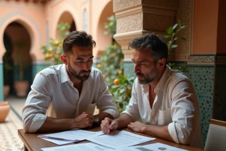 Couple français examinant des documents immobiliers dans un riad de Marrakech lors d'un achat d'appartement