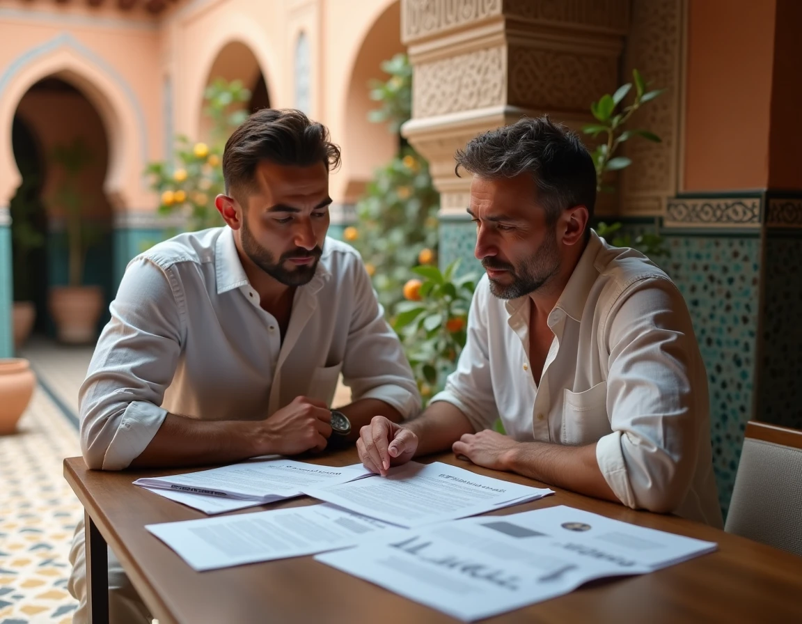 Couple français examinant des documents immobiliers dans un riad de Marrakech lors d'un achat d'appartement