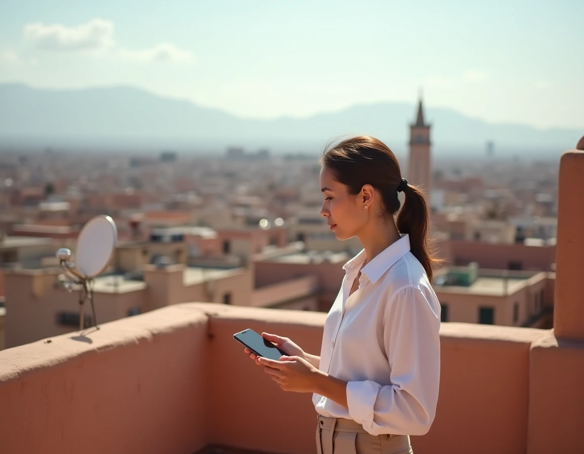 Acheteuse française sur une terrasse d'immeuble à Marrakech consultant une annonce immobilière en ligne
