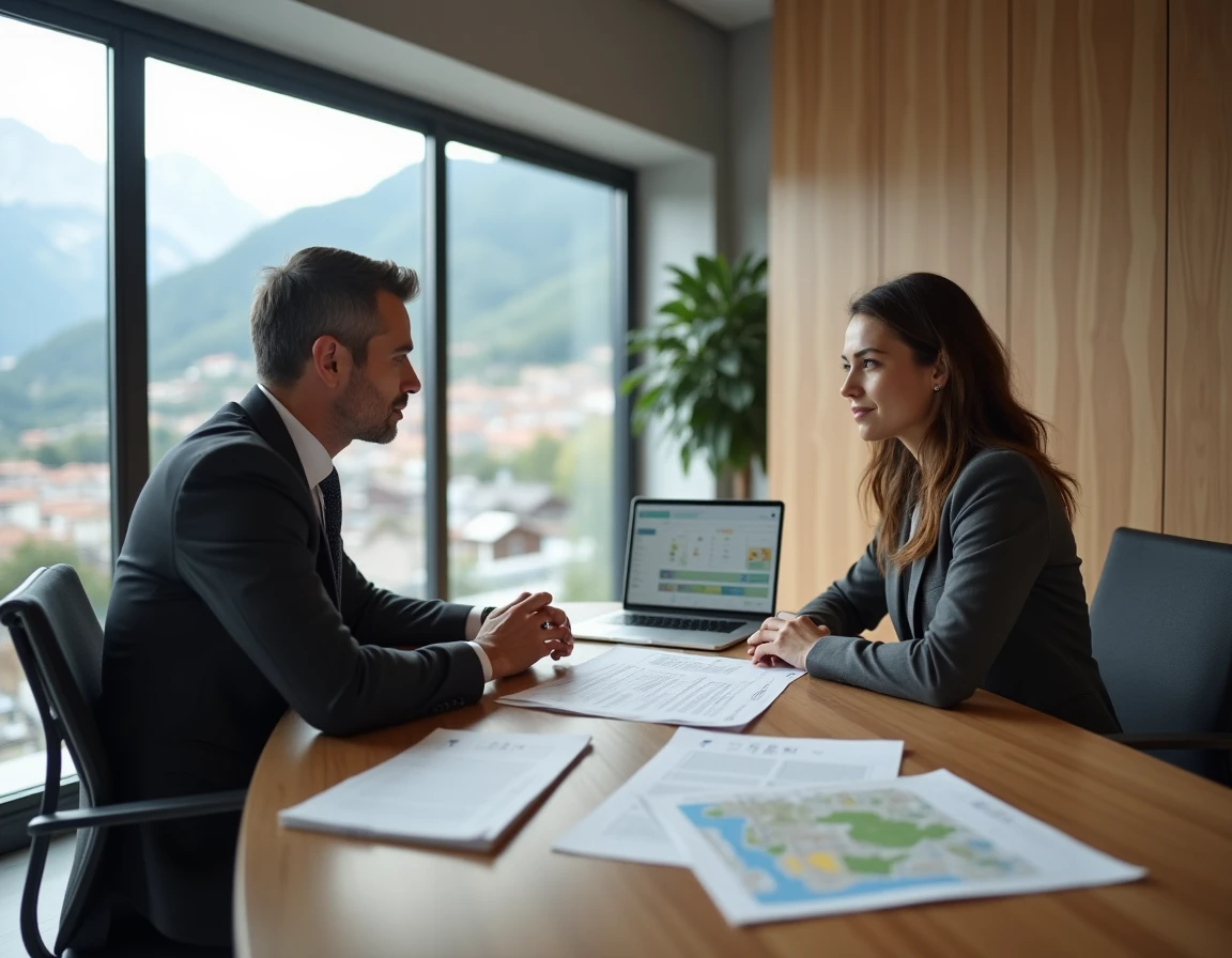 Conseiller immobilier et cliente frontalière discutant d'un achat d'appartement en Andorre dans une agence moderne