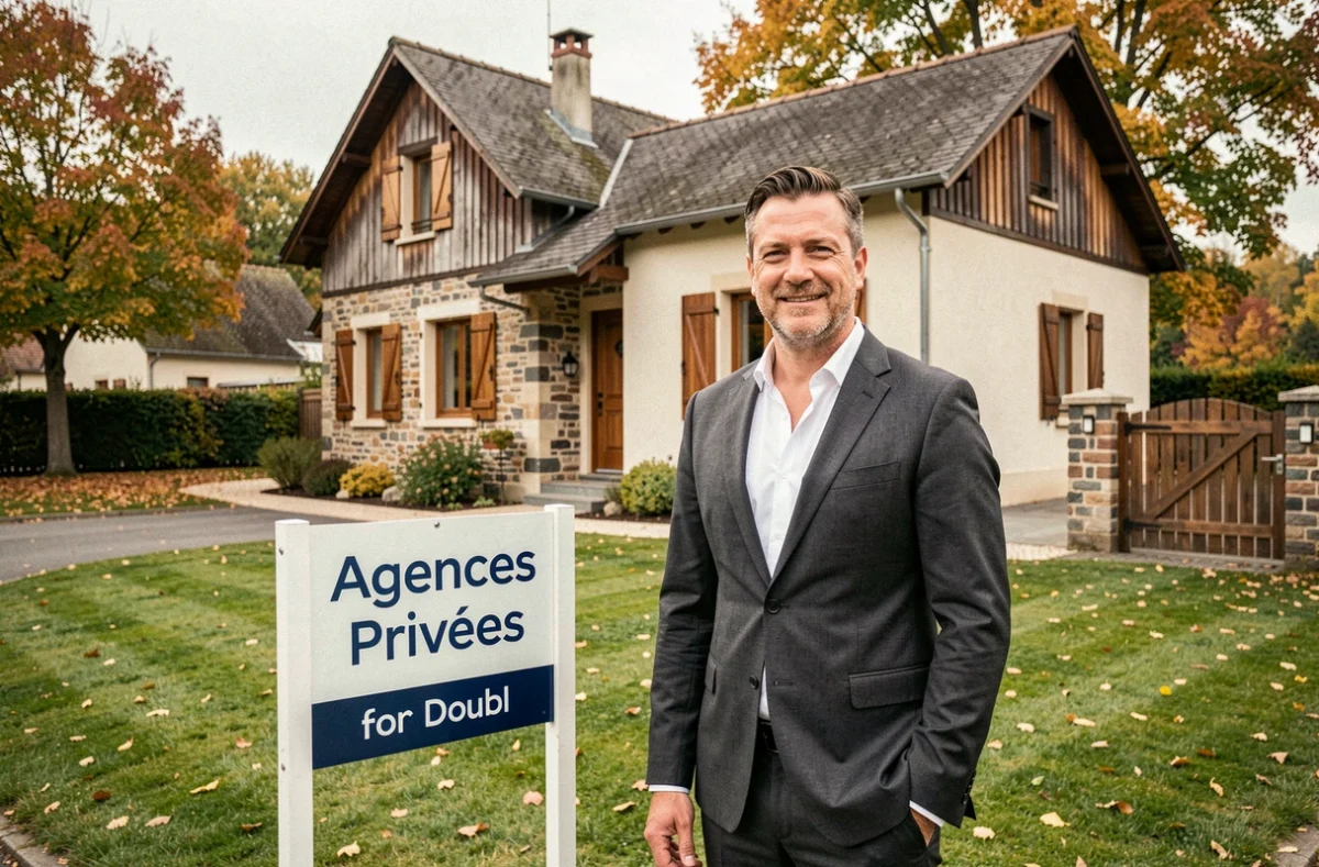 Agent Agences Privées Doubs devant une maison à vendre avec panneau de l'agence dans un quartier résidentiel