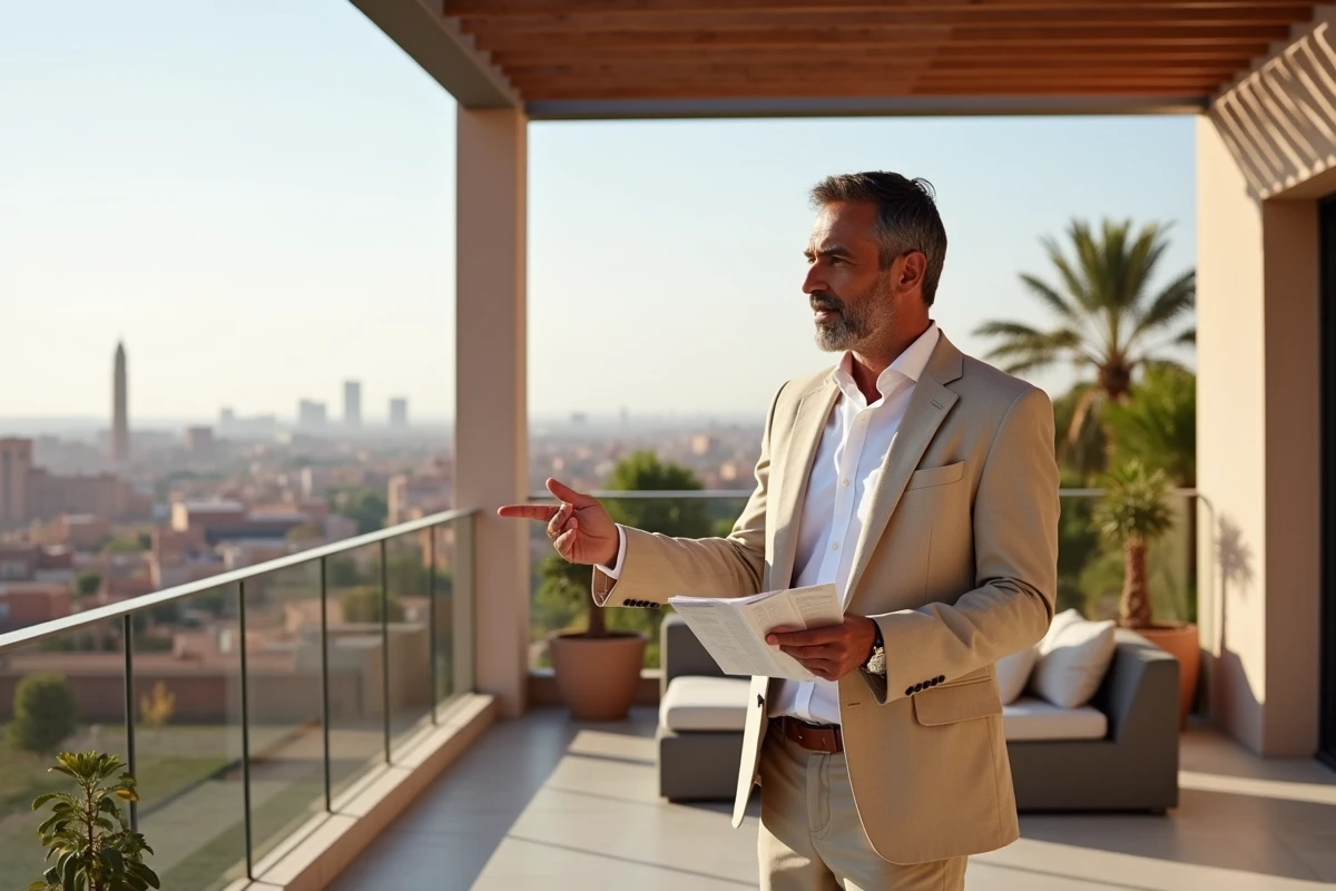 Agent immobilier présentant un appartement avec terrasse à vendre à Marrakech dans le quartier Gueliz