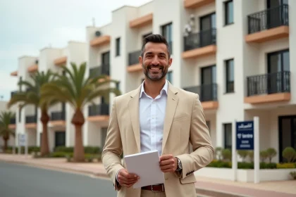 Agent immobilier marocain devant un immeuble d'appartements à vendre à Agadir