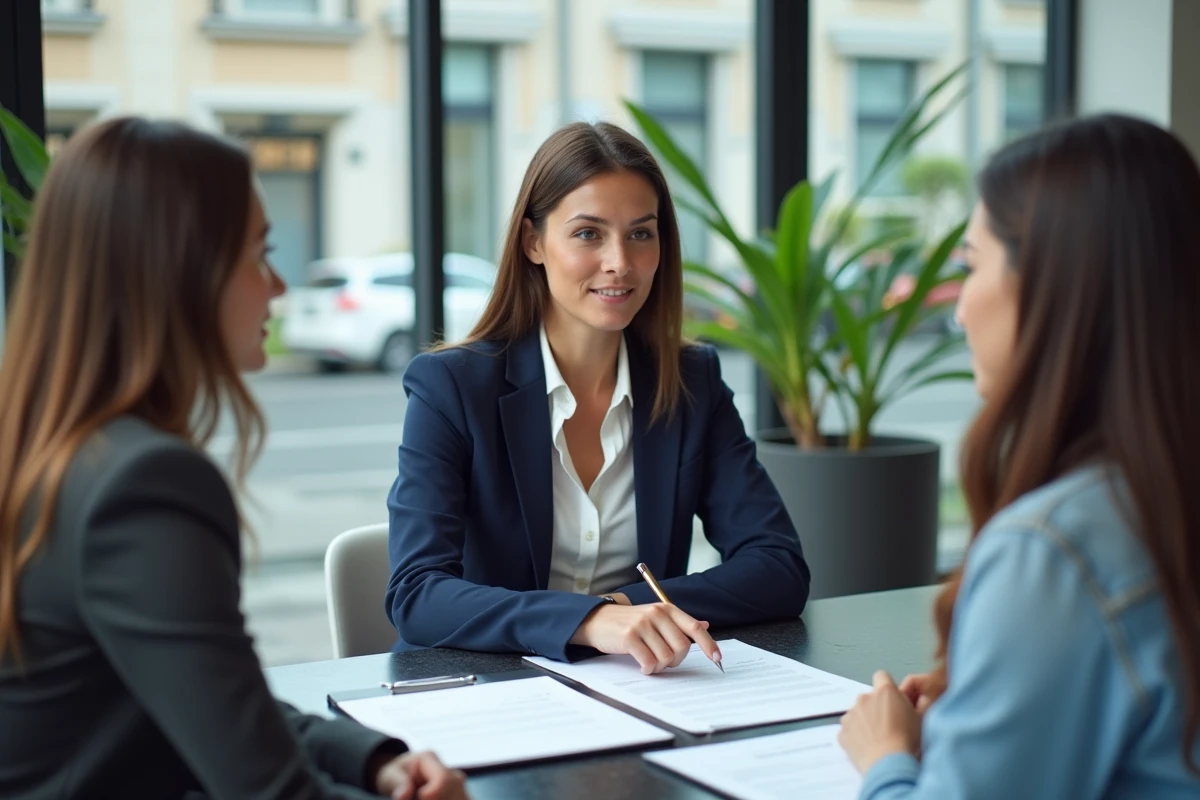 Agent immobilier expliquant l'assurance loyer impayé à un couple de locataires potentiels
