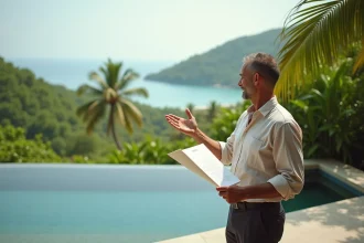 Agent immobilier examinant un contrat de vente sur la terrasse d'une villa de luxe à Koh Samui avec vue sur la mer