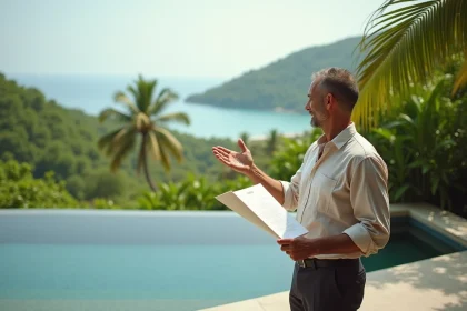 Agent immobilier examinant un contrat de vente sur la terrasse d'une villa de luxe à Koh Samui avec vue sur la mer