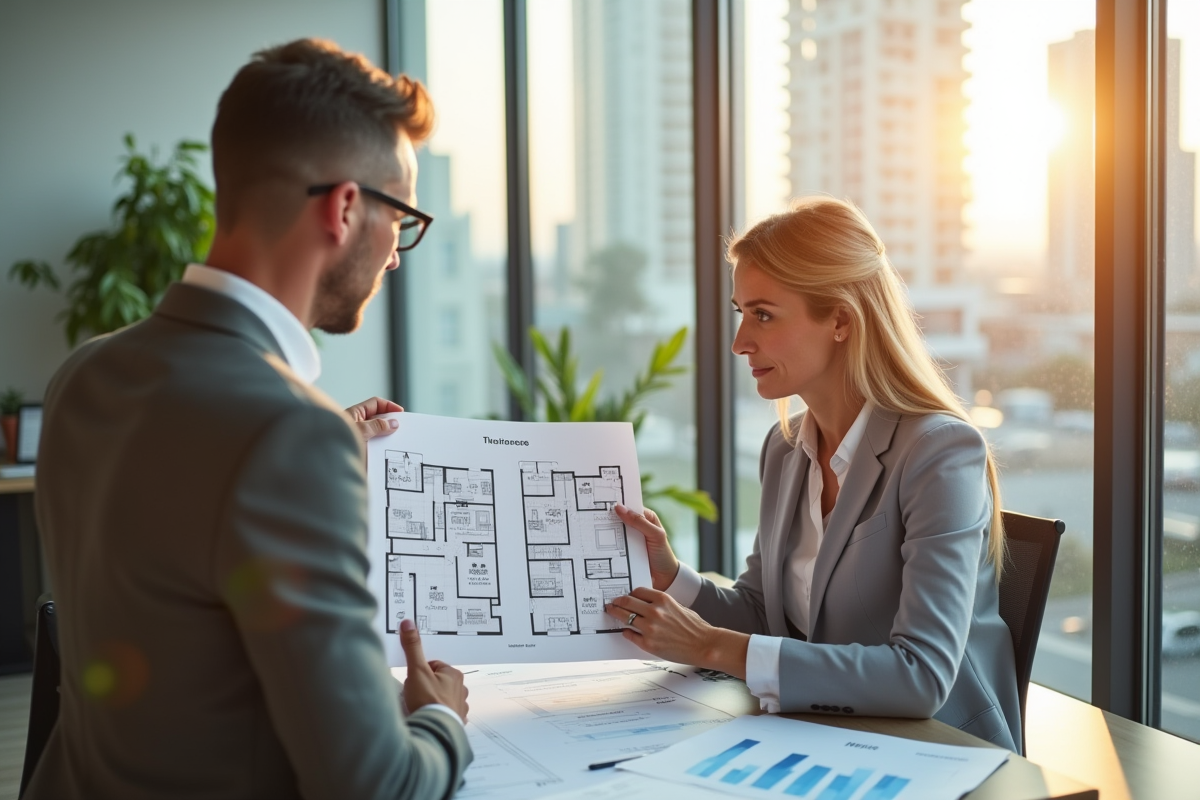 Agent immobilier examinant plans et analyses avec un client