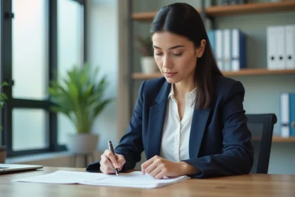 Agent immobilière consultant un formulaire de demande de renseignements 3233-SD dans une agence immobilière moderne