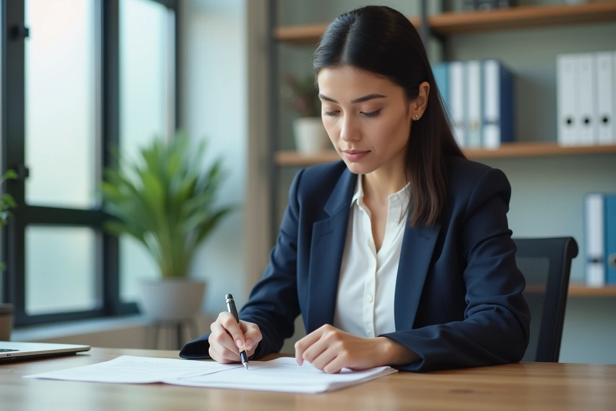 Agent immobilière consultant un formulaire de demande de renseignements 3233-SD dans une agence immobilière moderne