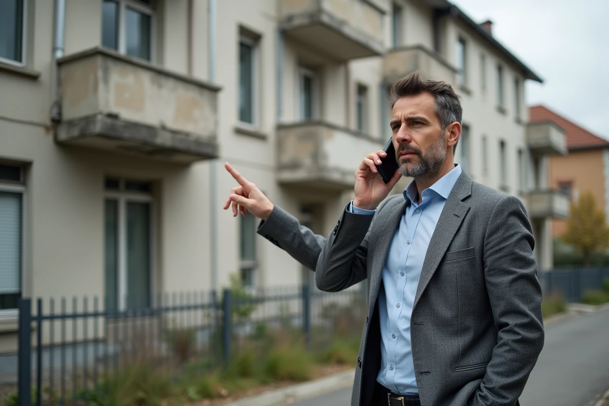 Agent immobilier au téléphone devant un immeuble délabré dans un quartier problématique d'Alès