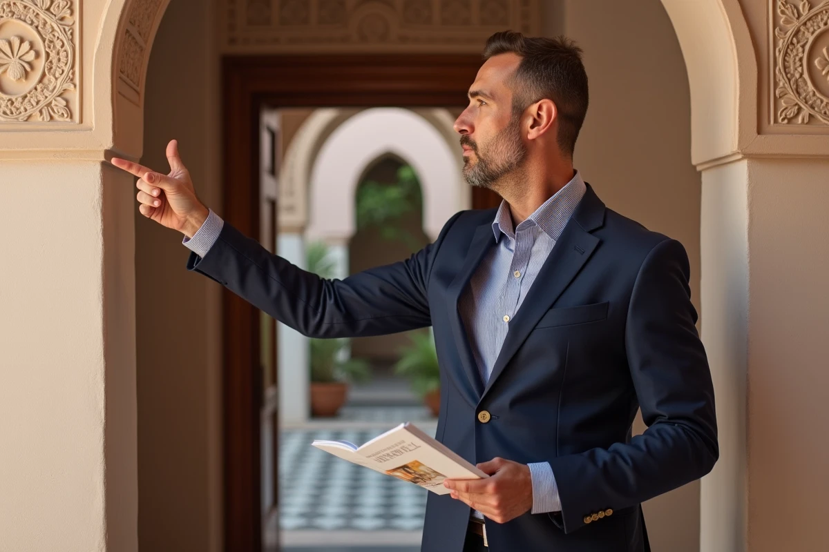 Agent immobilier présentant un riad rénové à vendre dans la médina de Marrakech avec détails architecturaux en stuc