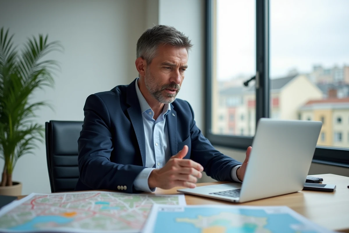 Agent immobilier expliquant les zones tendues et détendue à son bureau avec carte et annonces immobilières