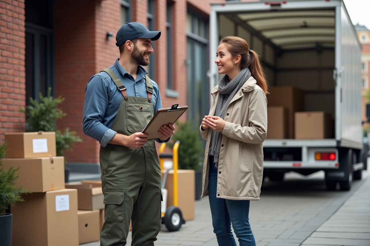 Jeune homme en tenue de travail parlant avec une cliente devant un camion
