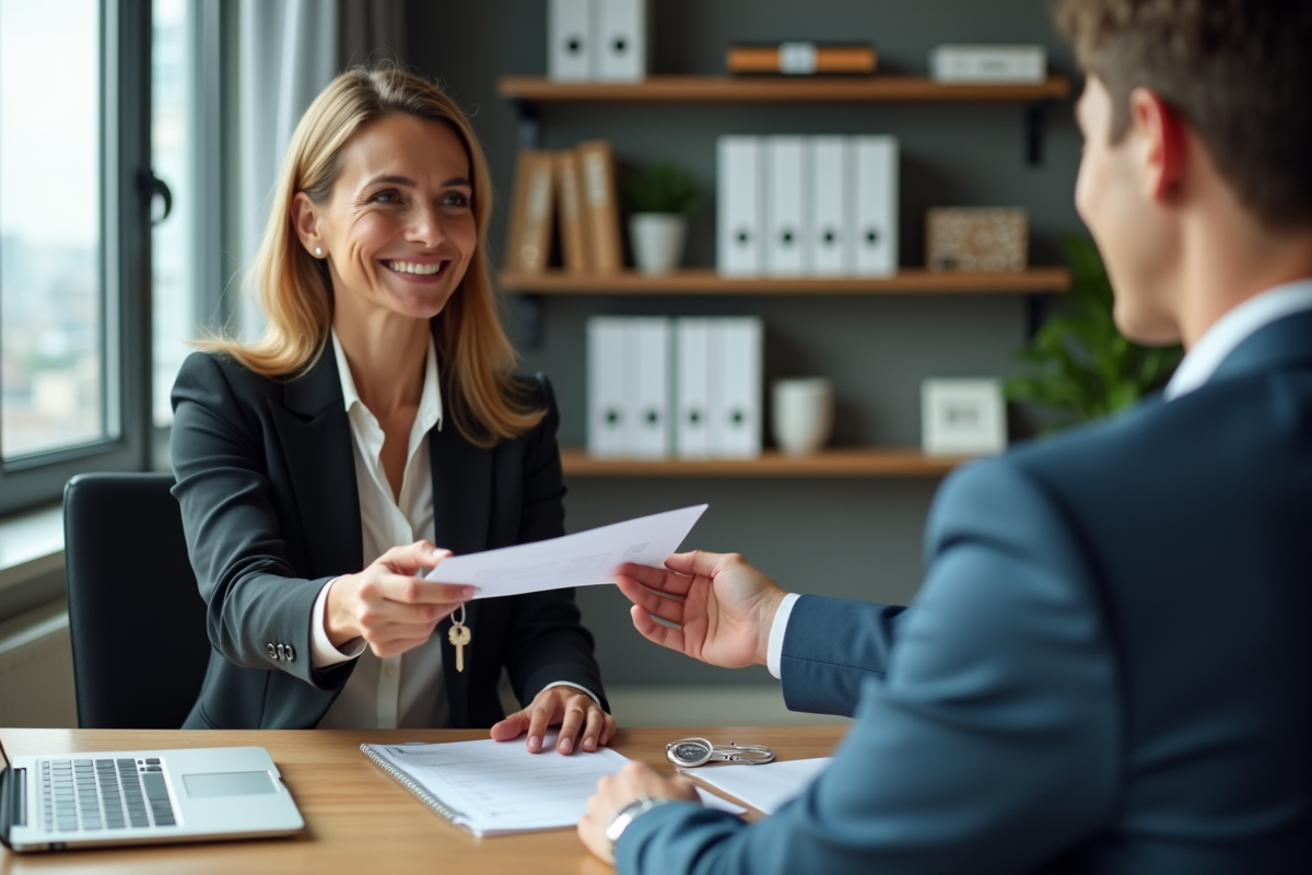 Agent immobilier remettant des clés à un locataire dans un bureau