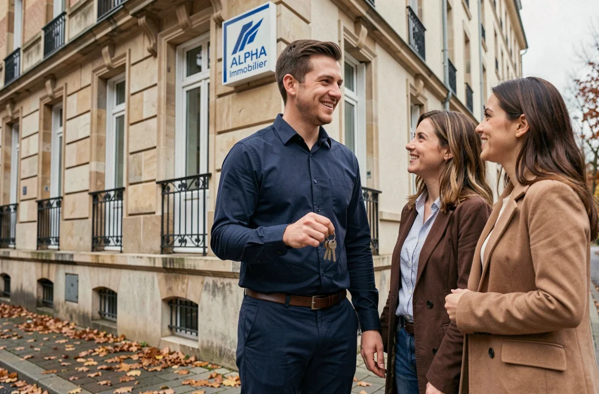 Agent Alpha Immobilier Besançon remettant des clés à un couple devant un immeuble avec panneau de l'agence