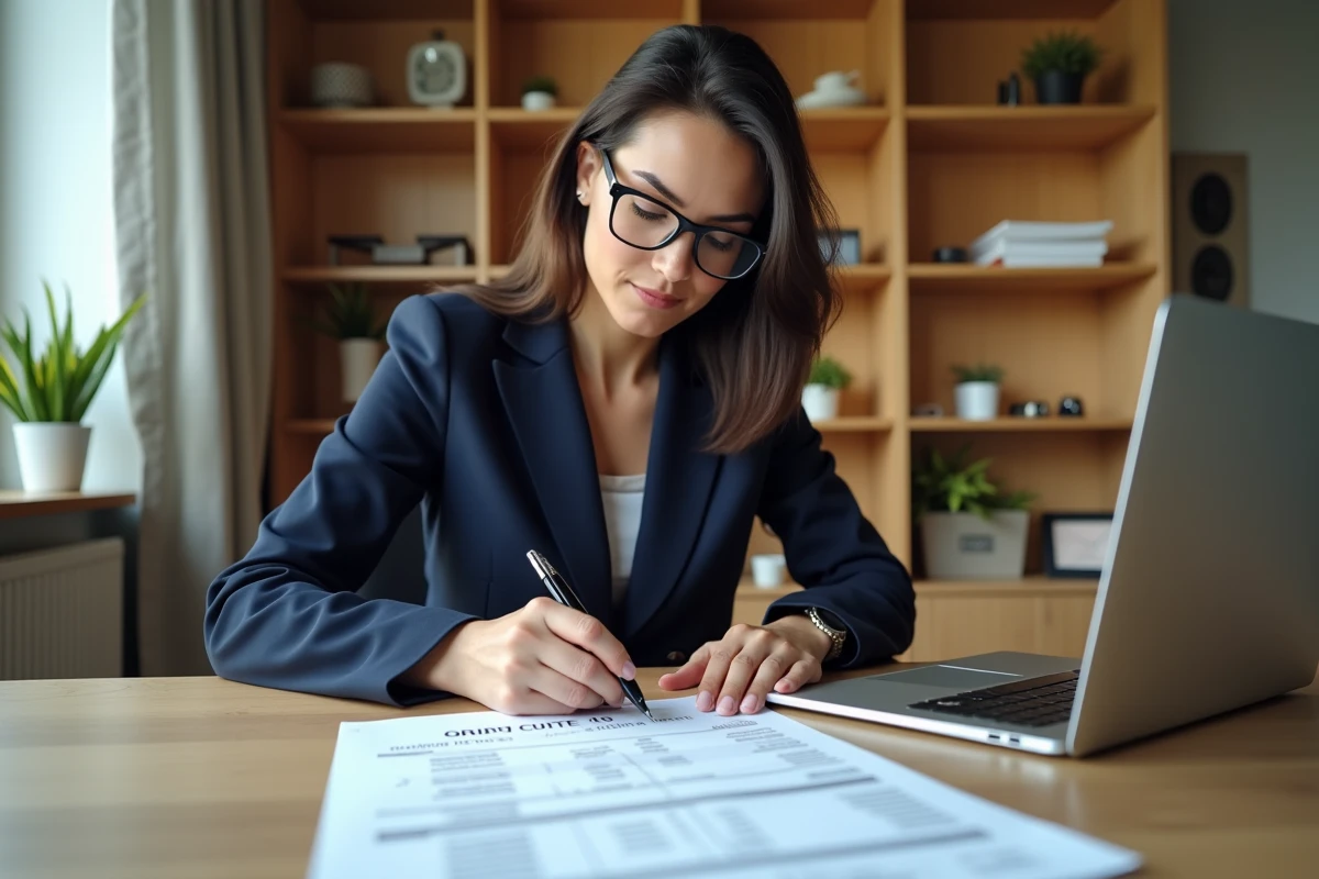 Femme analysant un devis de bornage terrain posé sur un bureau avec des lignes de coût détaillées
