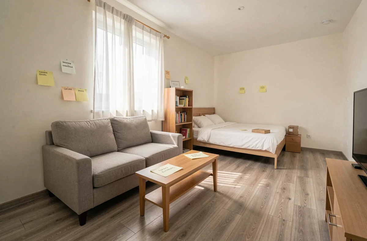 Appartement meublé avec étiquettes d'inventaire pour une liste de location prête à imprimer