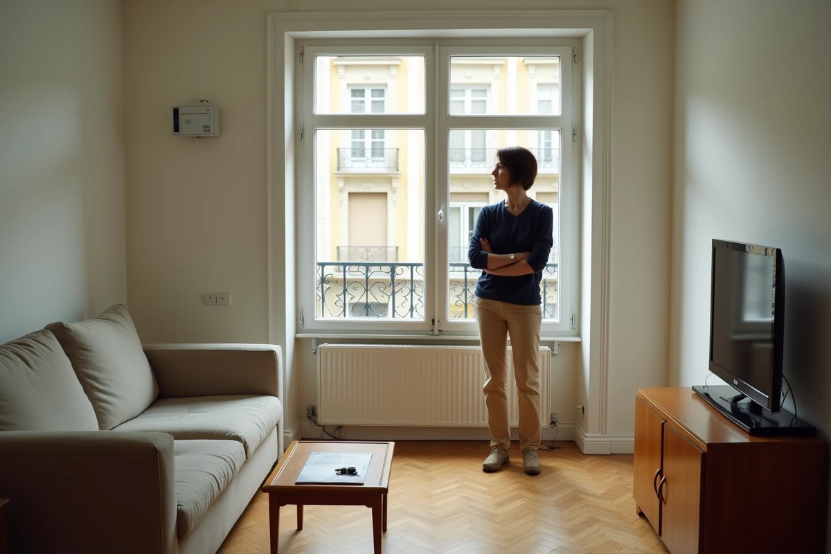 Femme regardant par la fenêtre d'un appartement à rénover situé près du centre-ville de Saint-Étienne avec brochure immobilière au premier plan