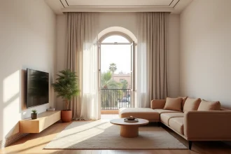 Salon moderne d'un appartement abordable à vendre dans le quartier Guéliz de Marrakech avec décoration minimaliste et touches marocaines