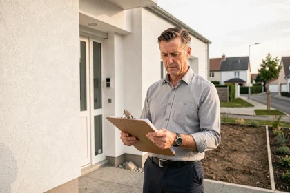 Architecte tenant une déclaration de fin de chantier devant une maison neuve en cours de réception