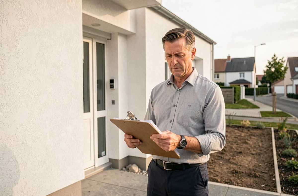 Architecte tenant une déclaration de fin de chantier devant une maison neuve en cours de réception