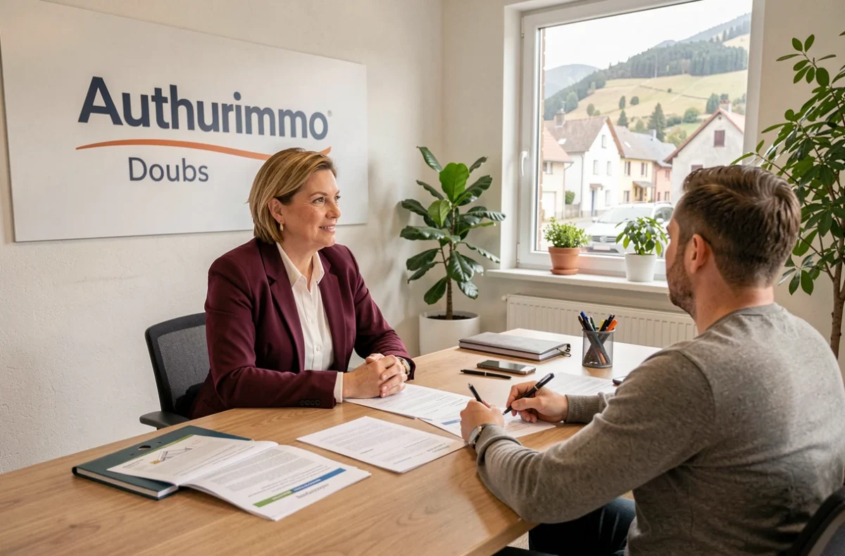 Conseillère Arthurimmo Doubs en consultation avec un couple de clients dans les bureaux de l'agence