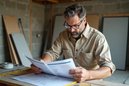 Artisan consultant le manuel de rénovation renovimmopro.fr sur un chantier intérieur en cours de réhabilitation
