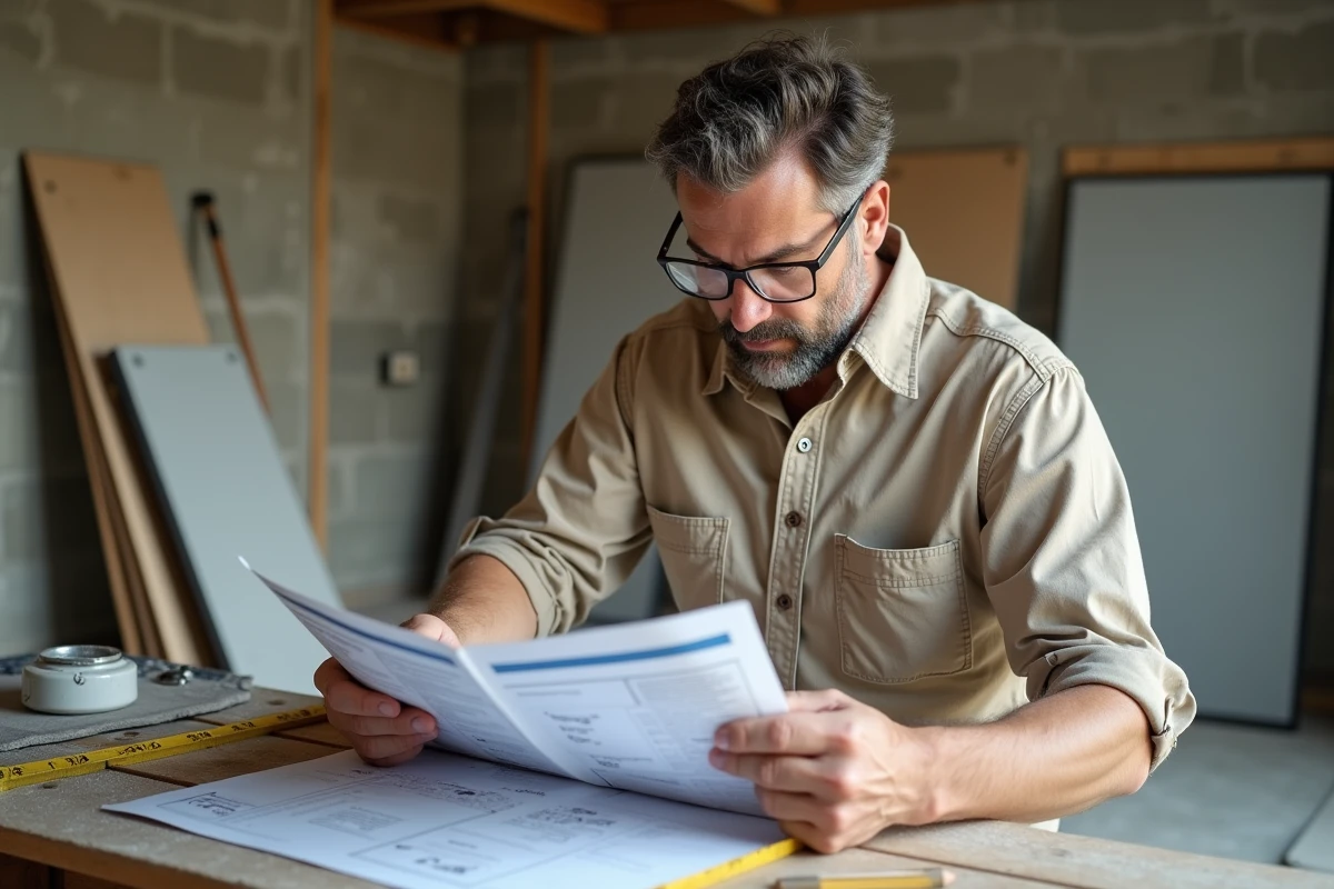 Artisan consultant le manuel de rénovation renovimmopro.fr sur un chantier intérieur en cours de réhabilitation