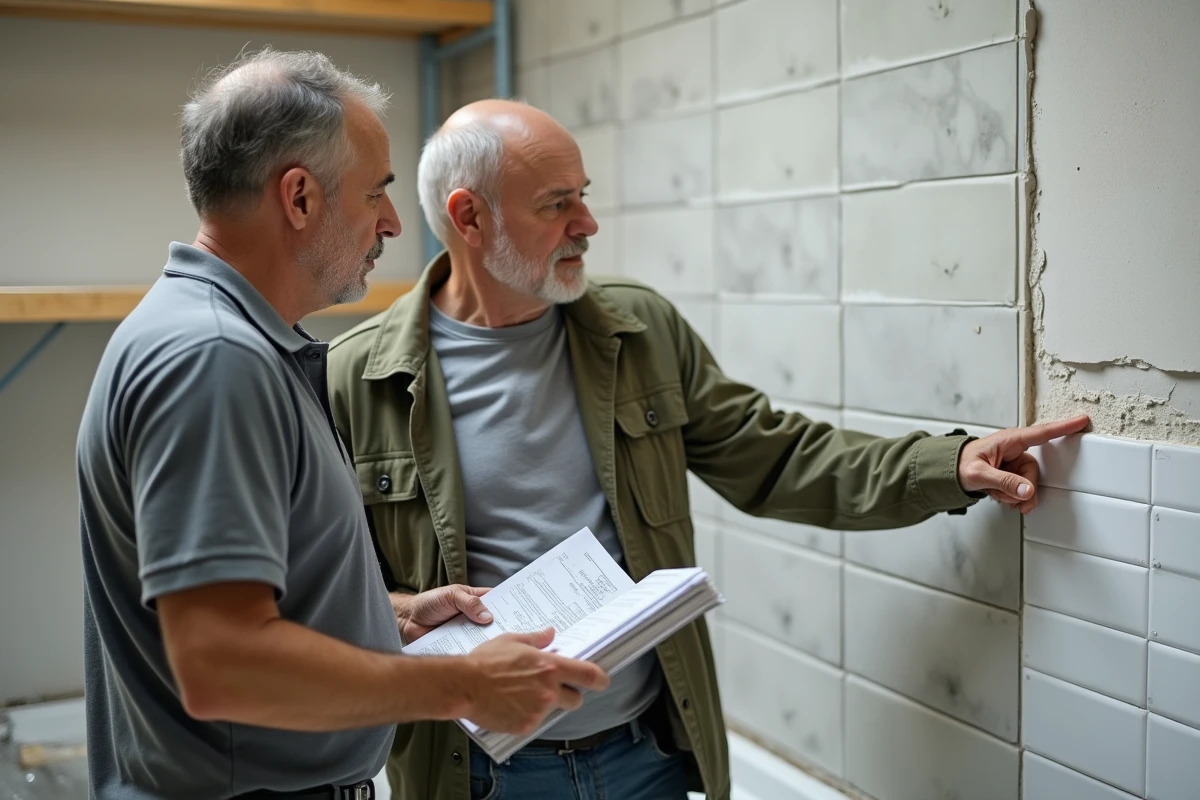 Deux artisans identifiant une erreur de carrelage lors d'une rénovation de salle de bain grâce au manuel renovimmopro.fr