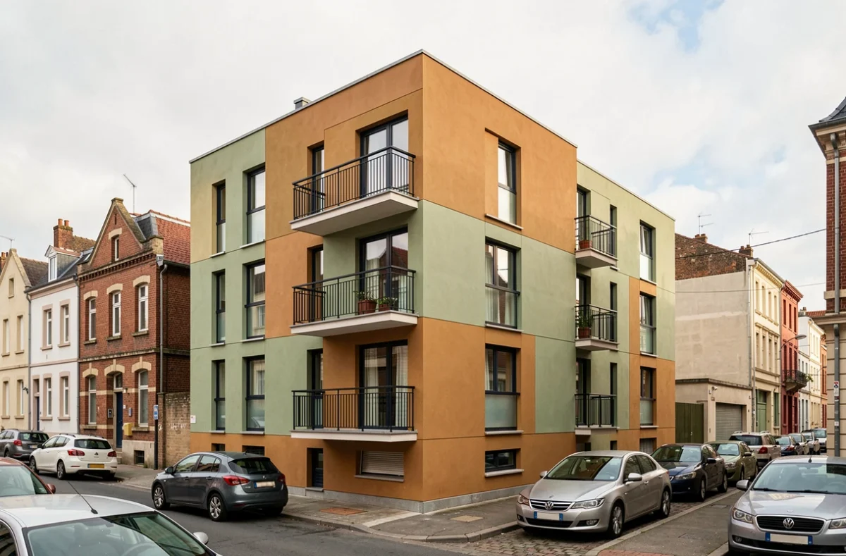 Autre programme immobilier neuf à Roubaix avec façade colorée en enduit ocre et vert sauge dans un quartier urbain dense