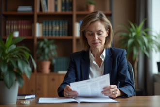 Femme avocate en costume bleu dans un bureau moderne