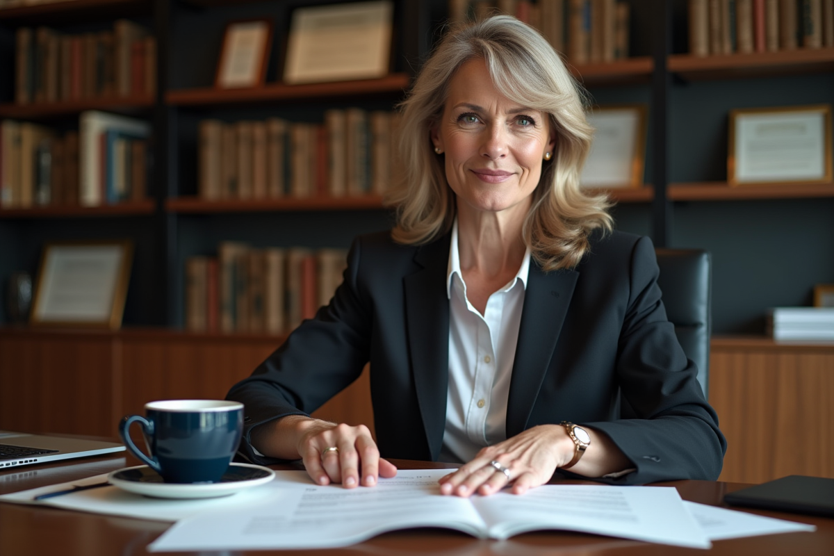 Femme d'affaires examinant des documents juridiques dans un bureau moderne