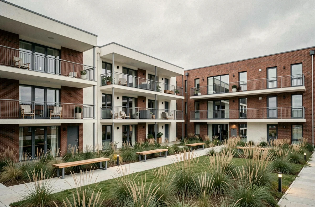 Résidence Les Balcons des Gables à Dunkerque, immeuble neuf avec balcons et jardin paysager