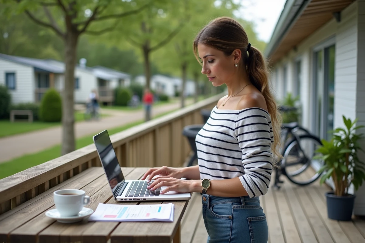 Femme adulte gérant le budget d'achat d'une parcelle PRL sur son ordinateur portable depuis la terrasse de son mobil-home