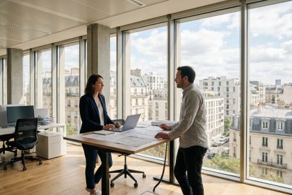 Deux professionnels en discussion dans un bureau moderne avec vue sur une ville de la banlieue parisienne, illustrant le choix d'implantation entre Clichy et Levallois-Perret