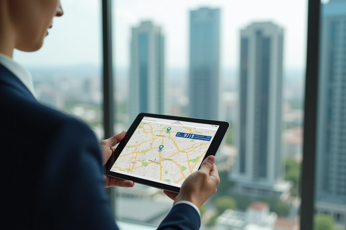Personne tenant une tablette avec carte des prix immobiliers