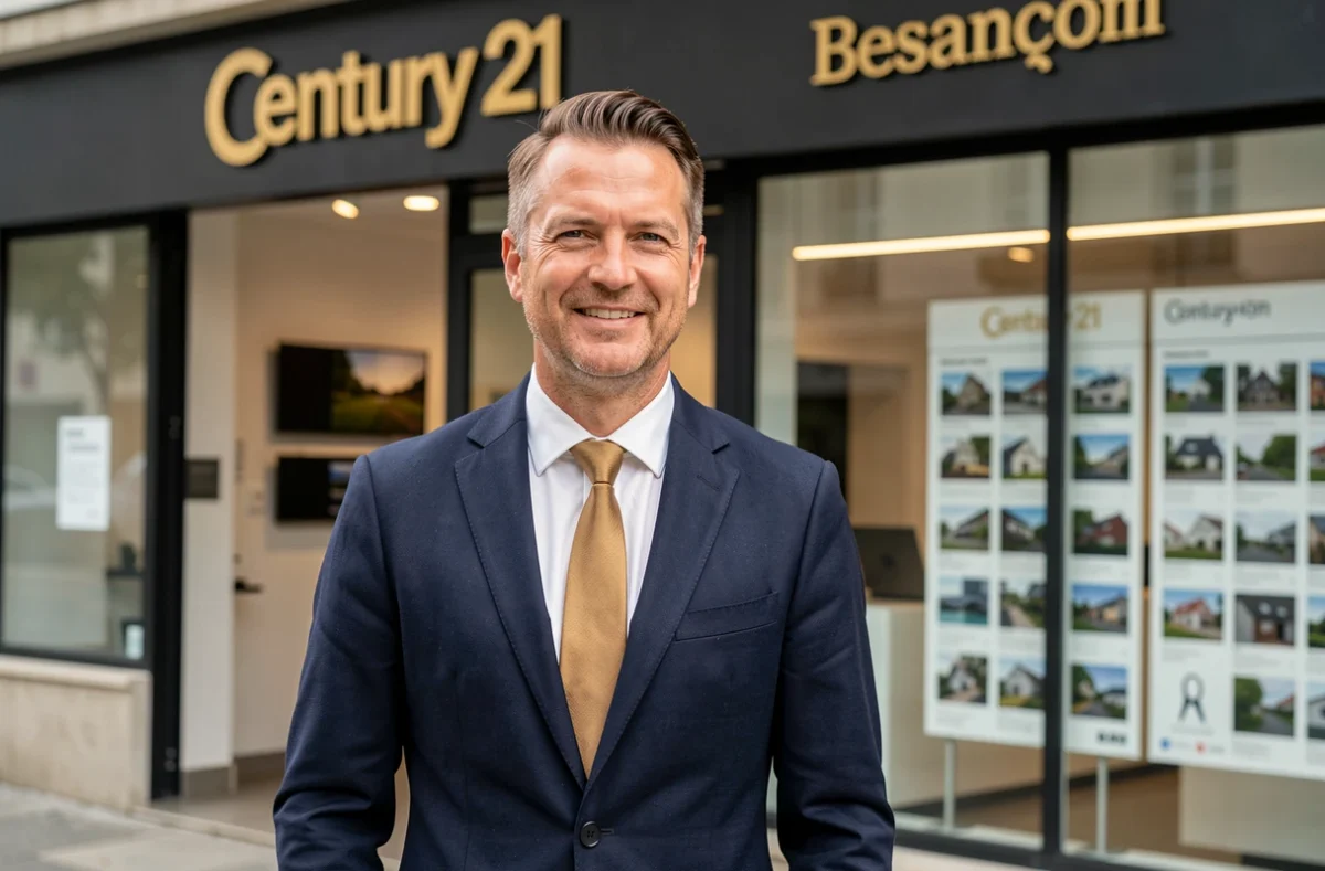 Agent immobilier Century 21 Besançon devant la vitrine de l'agence avec signalétique dorée et noire