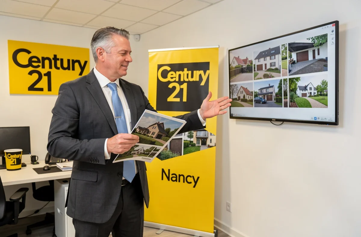 Négociateur Century 21 Nancy présentant un bien immobilier dans l'agence avec brochure