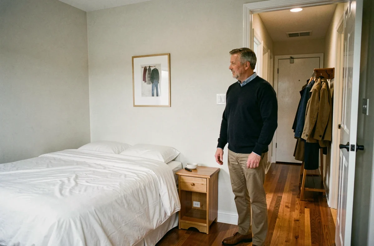 Propriétaire homme présentant une chambre meublée à louer occasionnellement à un locataire