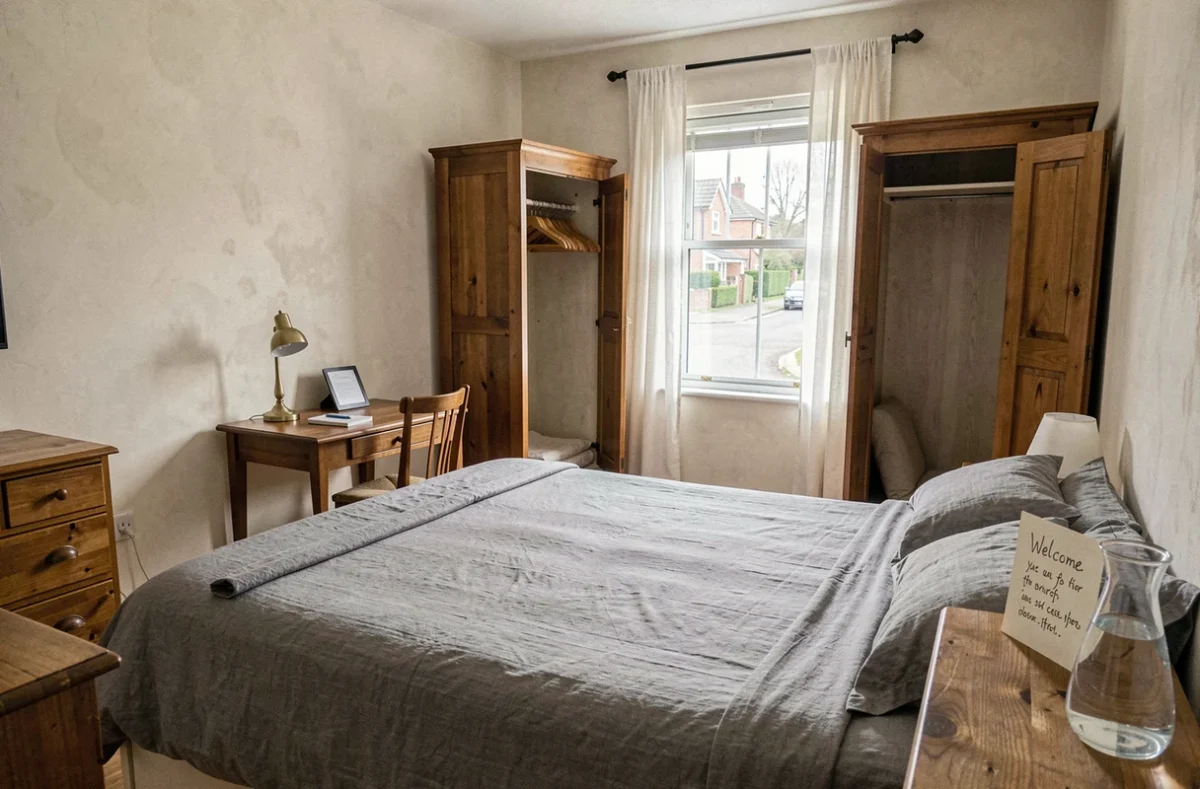 Chambre meublée prête pour la location occasionnelle chez un particulier avec décoration simple