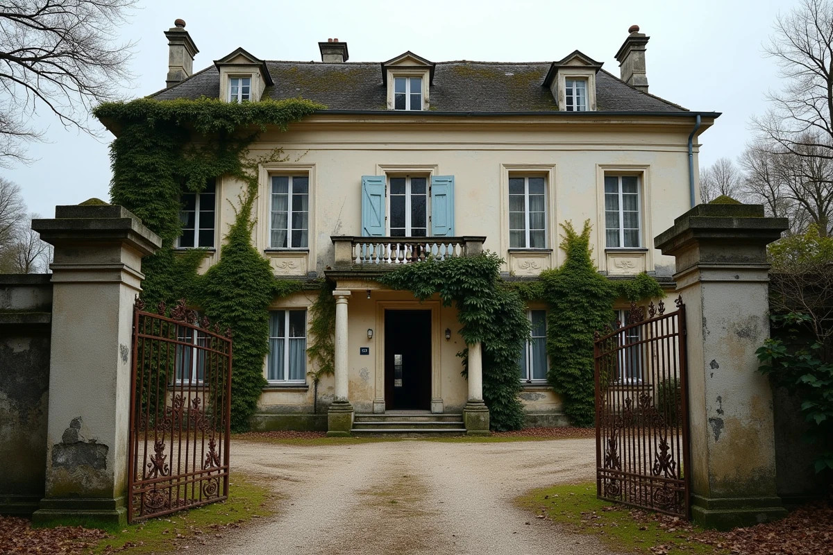 Façade d'un château abandonné en France avec lierre envahissant les murs en pierre calcaire et volets brisés, grille en fer rouillé au premier plan