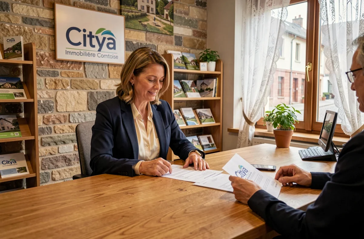 Conseillère Citya Immobilière Comtoise révisant un bail immobilier avec un client dans un bureau élégant