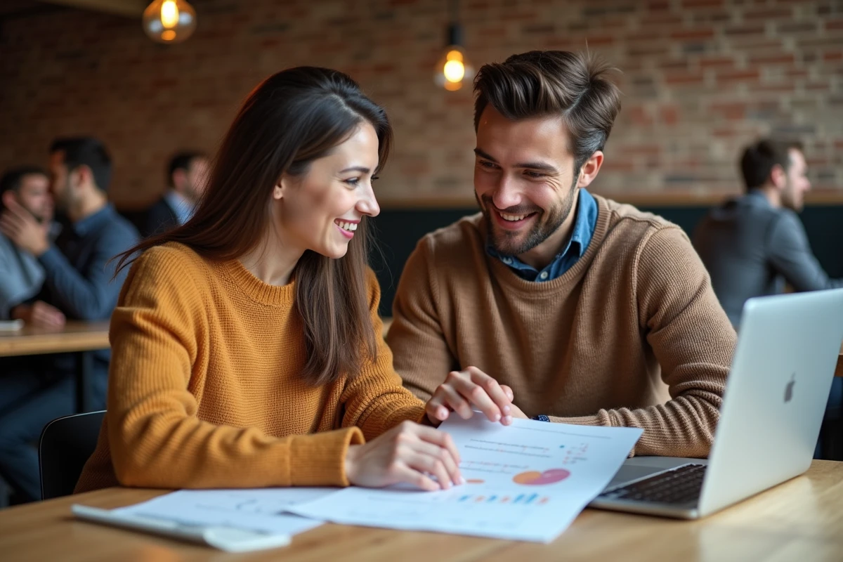Deux collègues collaborant sur la gestion de plannings et tarifs saisonniers dans un espace de coworking