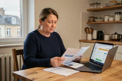 Femme comparant des offres d'assurance habitation à Saint-Quentin sur une table en bois avec documents et ordinateur portable