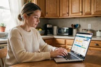 Femme comparant des assurances habitation pas chères en ligne sur un ordinateur portable dans sa cuisine