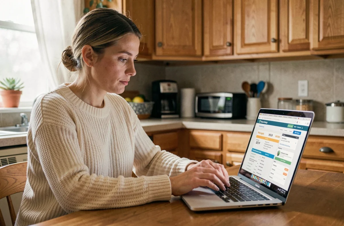 Femme comparant des assurances habitation pas chères en ligne sur un ordinateur portable dans sa cuisine
