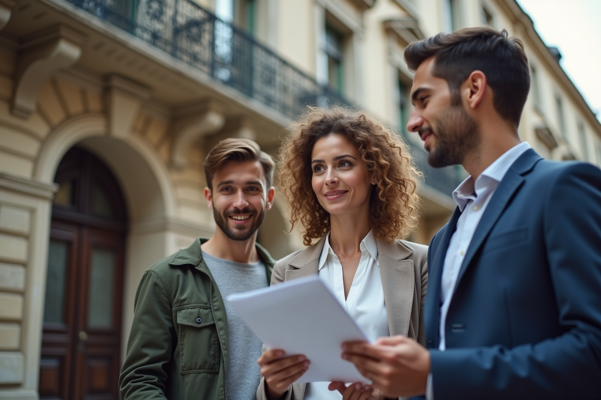 Conseillère immobilière expliquant avantages fiscaux à un jeune couple