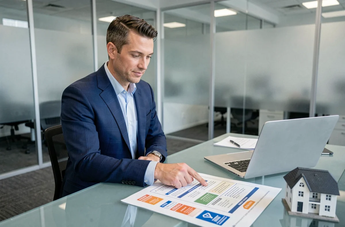 Conseiller en assurance présentant les options d'assurance habitation tous risques dans un bureau professionnel