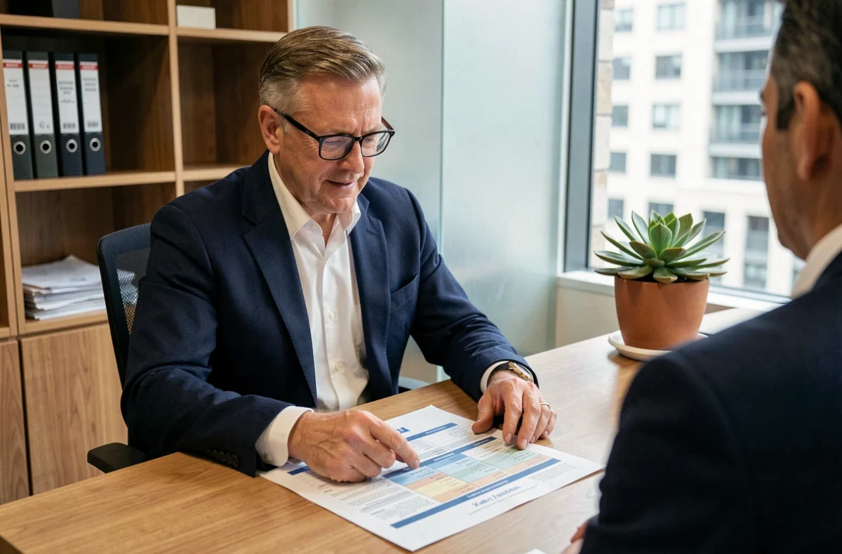 Conseiller financier présentant un tableau comparatif entre la demande de logement classique et la solution Alin à un client